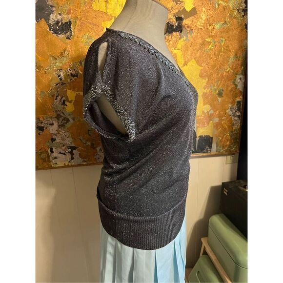 Cache Silver Beaded Cold Shoulder Short Sleeved Dressy Top GORGEOUS S - Picture 4 of 9